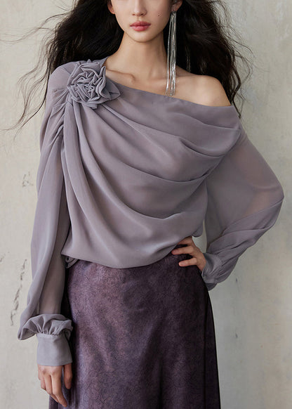 Grey Solid Chiffon Long Fashion Sleeve Asymmetrical Shirt