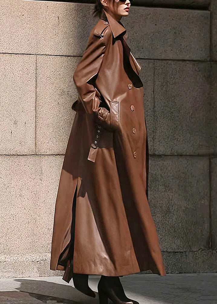 French Coffee Notched Button Faux Leather Long Trench Coat Winter RY002