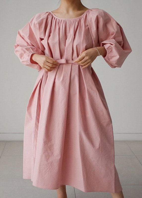 Dress wrinkled O-Neck Pink Maxi Quarter Three Cotton sleeve