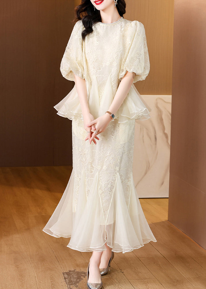 Embroidered Silk Chic And Fishtail Two Skirt Tops Beige Pieces