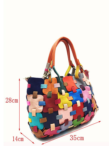 Women Fashion Genuine Leather Plaid Spliced Handbag AH1075