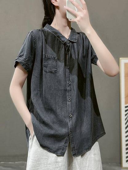 Plus Size Women Summer Solid Button Pocket Denim Shirt PP1021