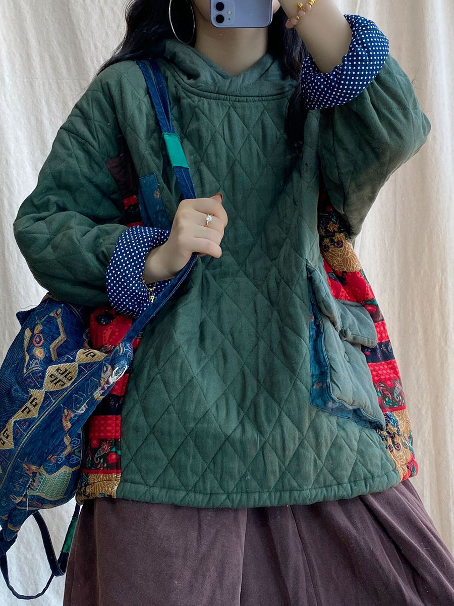 Plus Size Women Winter Patch Spliced Pocket Thicken Hooded ZZ1048