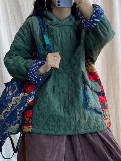 Plus Size Women Winter Patch Spliced Pocket Thicken Hooded ZZ1048