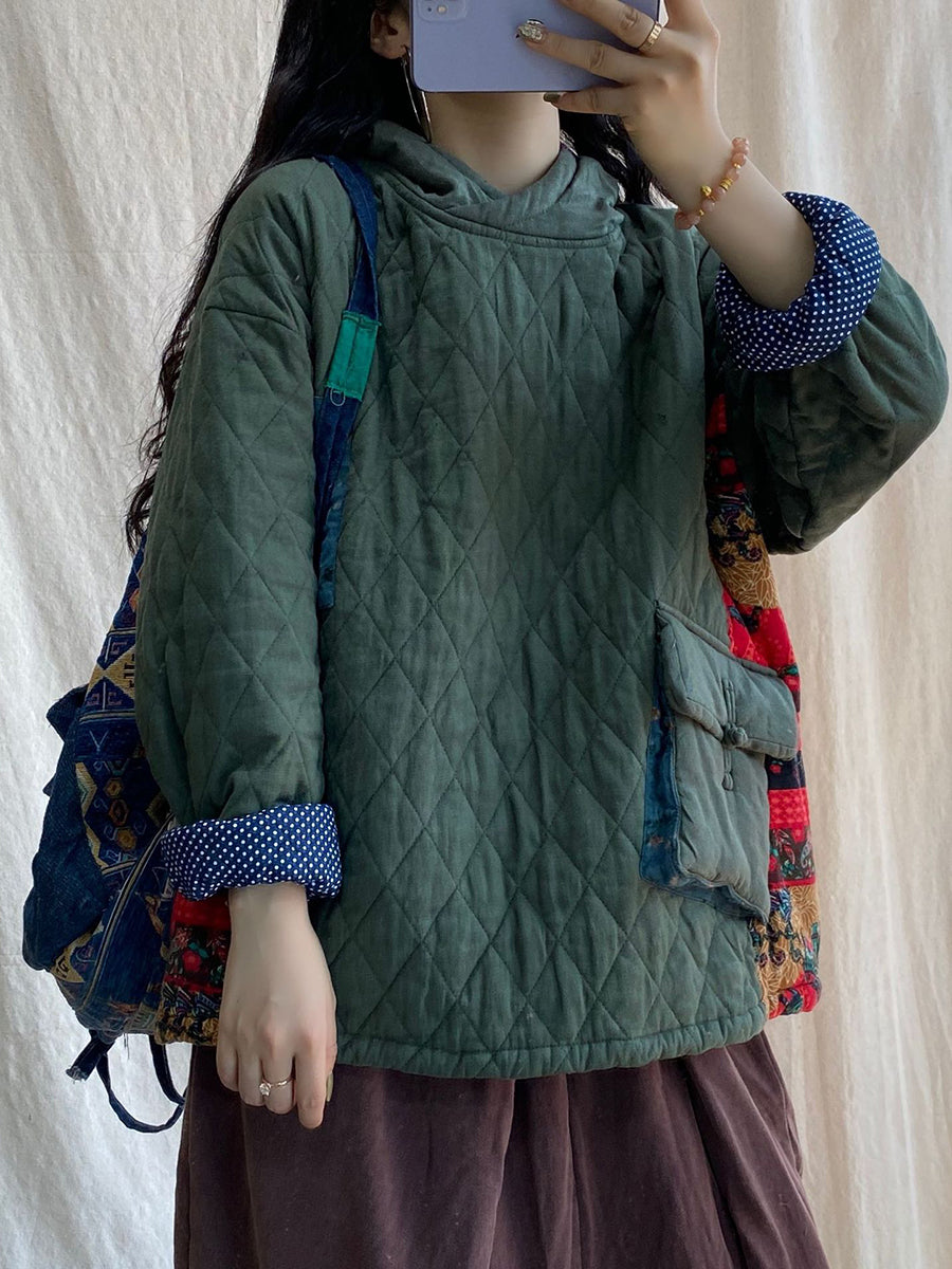 Plus Size Women Winter Patch Spliced Pocket Thicken Hooded ZZ1048