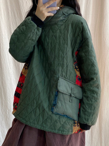 Plus Size Women Winter Patch Spliced Pocket Thicken Hooded ZZ1048