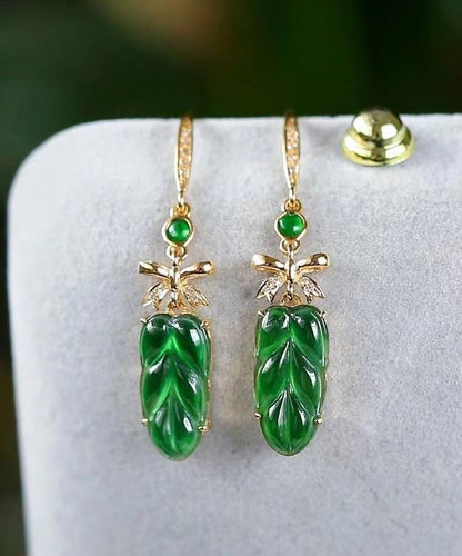 2024 New Green Sterling Silver Overgild Jade Lea Drop Earrings QU044