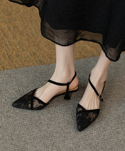 2024 Splicing High Heel Sandals French Black Tulle Pointed Toe KJ026