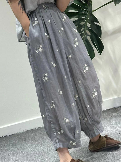 Women Artsy Summer Flower Embroidery Ramie Harem Pants KL1018