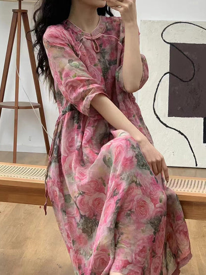 Women Summer Artsy Floral Ramie Loose Dress CO1038