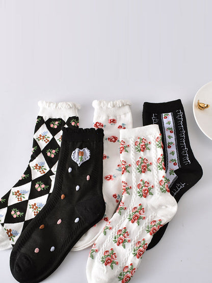 5 Pairs Women Artsy Summer Flower Jacquard Socks KL1038