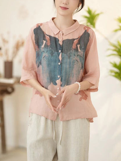 Women Summer Artsy Pink Ramie Button-up Shirt WE1011