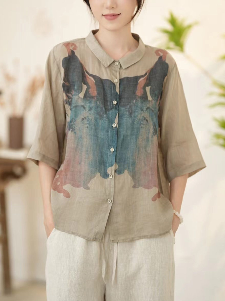 Women Summer Artsy Pink Ramie Button-up Shirt WE1011