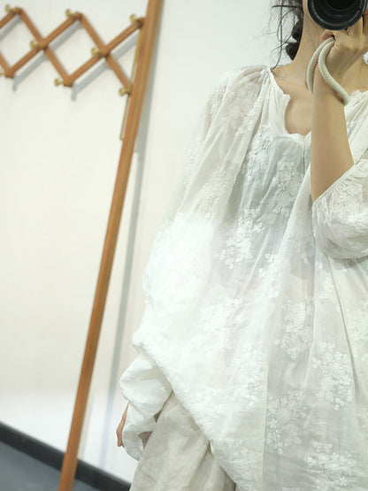 Women Summer Artsy Floral Embroidery Linen Shirt WE1013