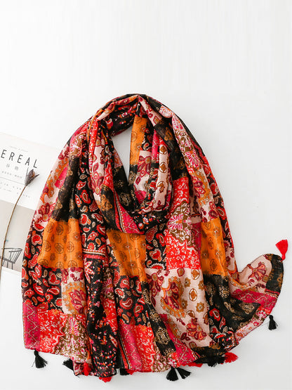 Women Summer Ethnic Flower Spliced Tassel Scarf WE1014