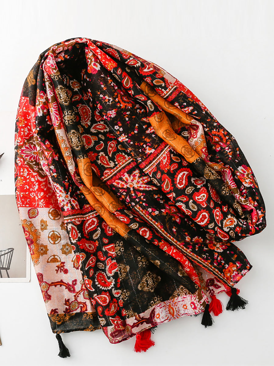 Women Summer Ethnic Flower Spliced Tassel Scarf WE1014