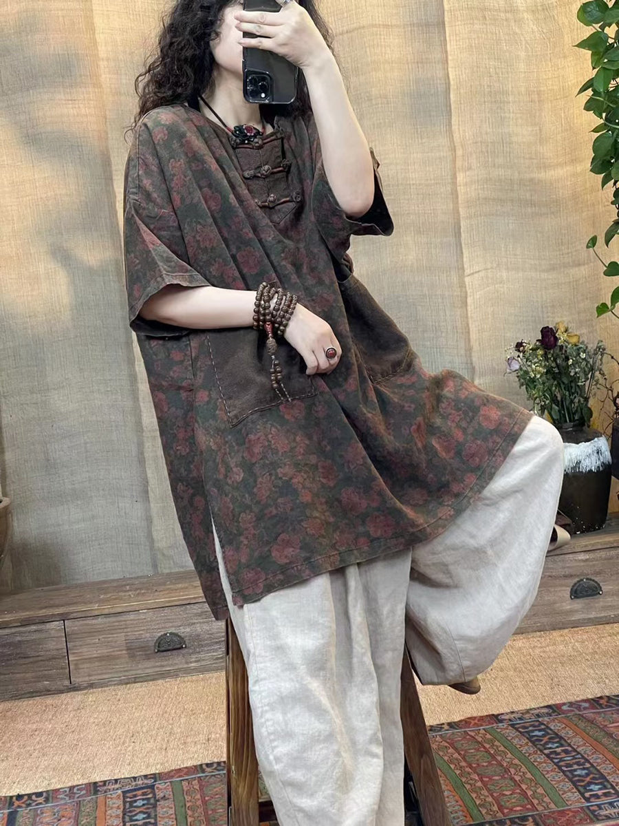 Women Summer Vintage Flower Spliced Buckle Linen Shirt IO1013