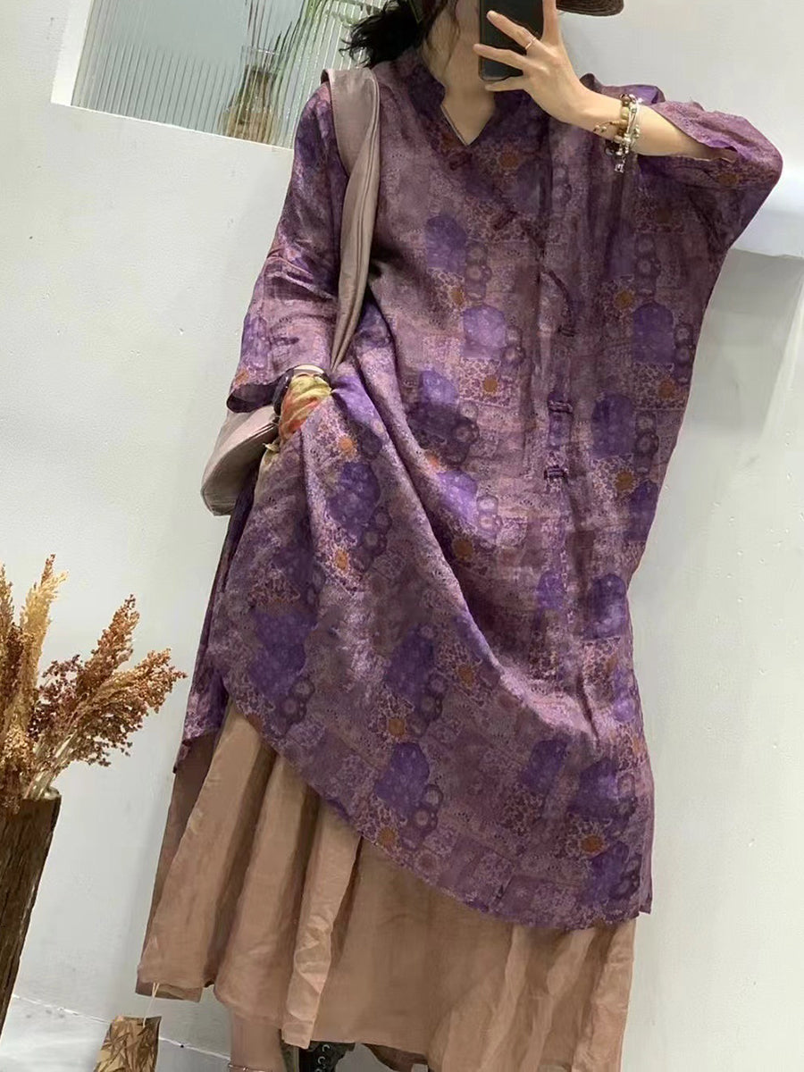 Women Summer Artsy Flower Spliced Ramie Robe Dress IO1024