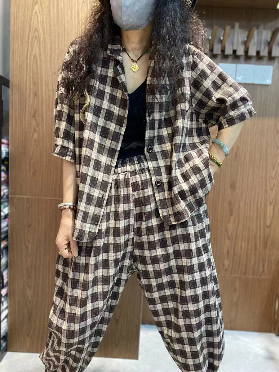 Plus Size Women Vintage Plaid 100%Cotton Summer Suits IO1032