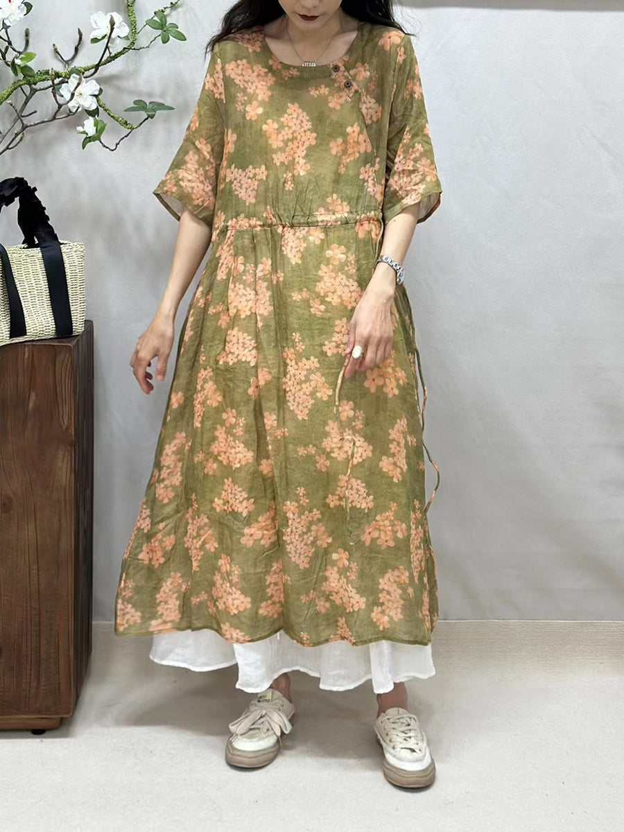 Women Summer Artsy Flower Loose Thin Ramie Dress FG1008