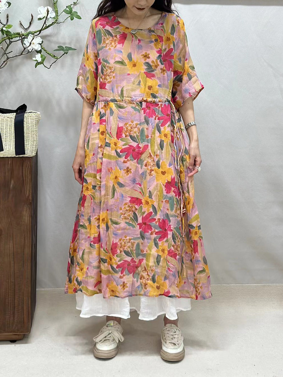 Women Summer Artsy Flower Loose Thin Ramie Dress FG1008