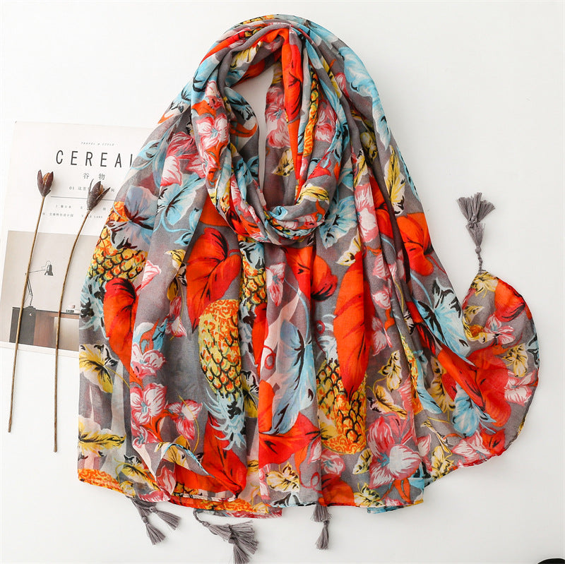 Women Artsy Flower Print Tassel Travel Shawl Scarf FG1003