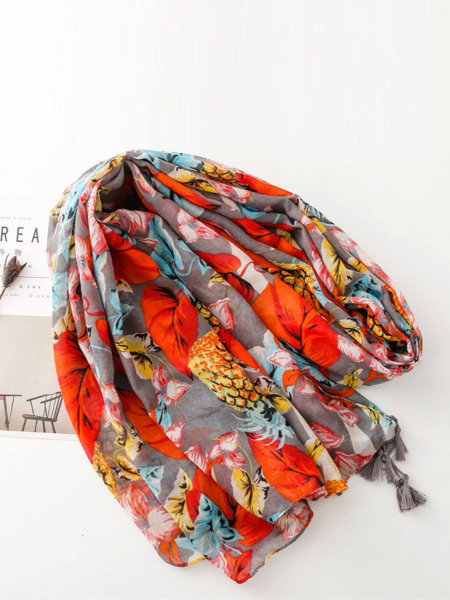 Women Artsy Flower Print Tassel Travel Shawl Scarf FG1003