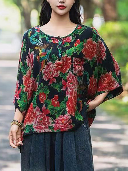 Women Summer Vintage Flower Loose Shirt FG1031