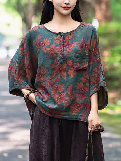 Women Summer Vintage Flower Loose Shirt FG1031