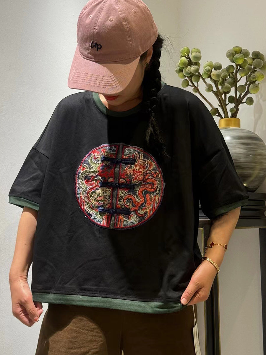 Women Ethnic Dragon Embroidery Colorblock Cotton Shirt ZZ1014