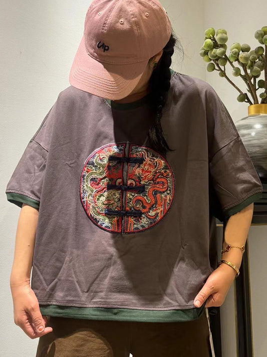 Women Ethnic Dragon Embroidery Colorblock Cotton Shirt ZZ1014