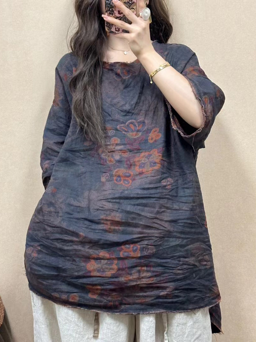 Women Summer Vintage Flower Raw-edge Linen Shirt ZZ1023