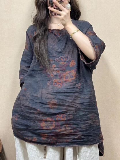 Women Summer Vintage Flower Raw-edge Linen Shirt ZZ1023