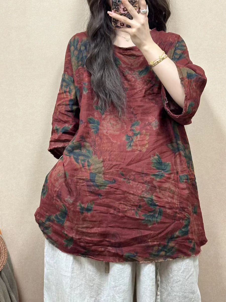 Women Summer Vintage Flower Raw-edge Linen Shirt ZZ1023