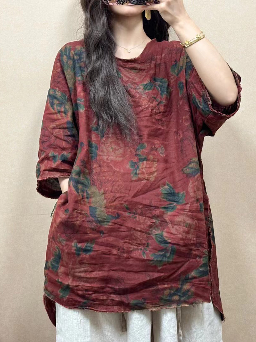 Women Summer Vintage Flower Raw-edge Linen Shirt ZZ1023