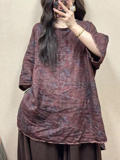 Women Summer Vintage Flower Raw-edge Linen Shirt ZZ1023