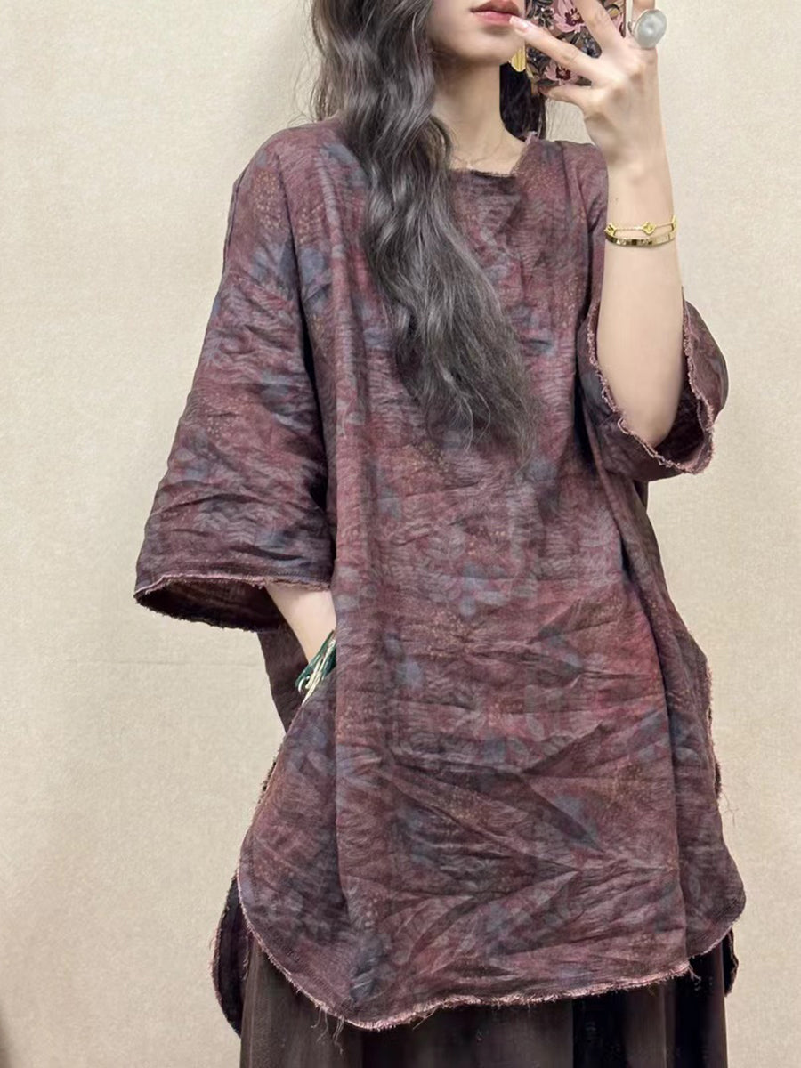 Women Summer Vintage Flower Raw-edge Linen Shirt ZZ1023