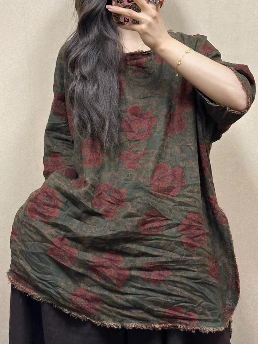 Women Summer Vintage Flower Raw-edge Linen Shirt ZZ1023