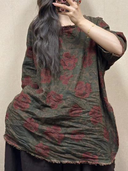 Women Summer Vintage Flower Raw-edge Linen Shirt ZZ1023