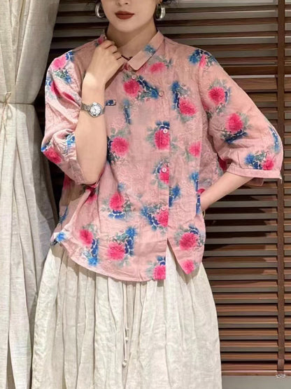 Women Summer Vintage Flower Slant Button-up Ramie Shirt ZZ1026