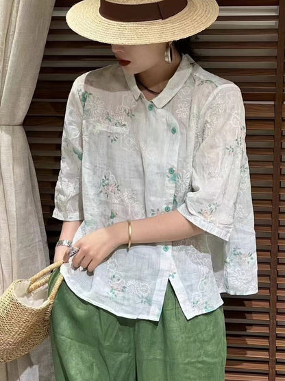 Women Summer Vintage Flower Slant Button-up Ramie Shirt ZZ1026