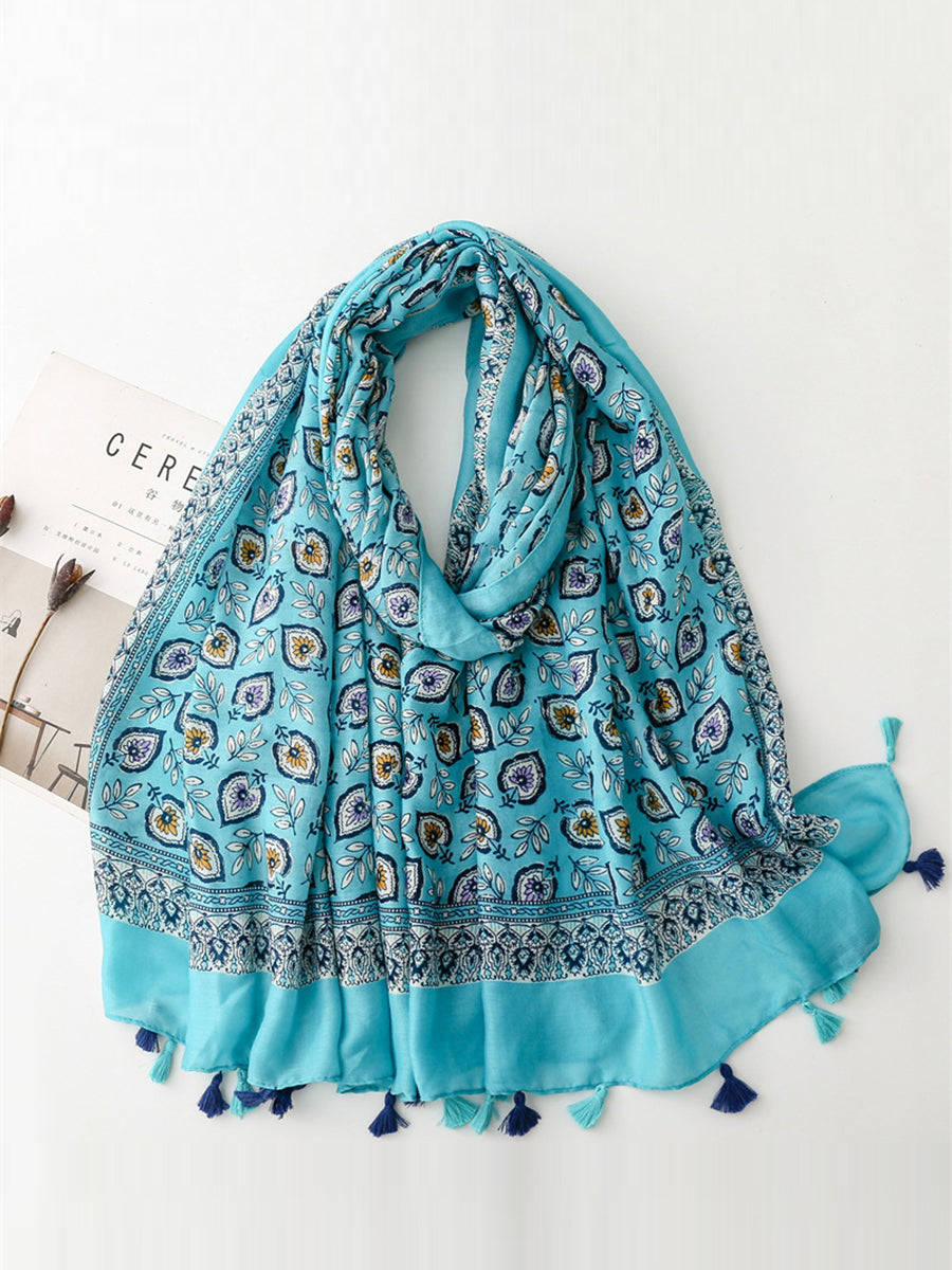 Bohemian Leaf Print Tassel Travel Shawl Scarf CV1021