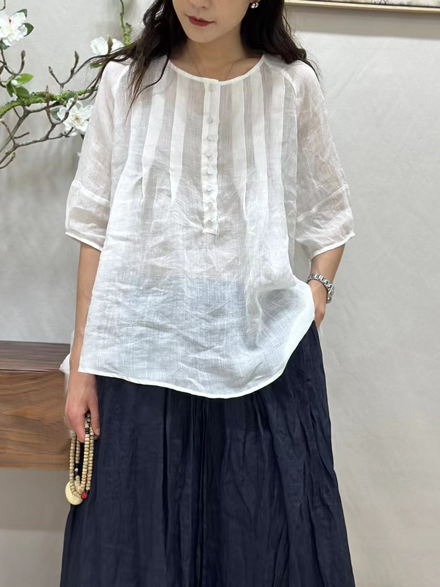 Women Summer Thin Casual Solid Shirred Ramie Shirt CV1016