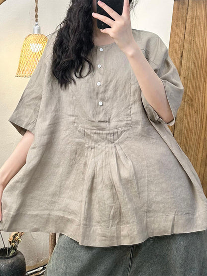 Women Summer Artsy Shirred Button Linen Loose Shirt BN1045
