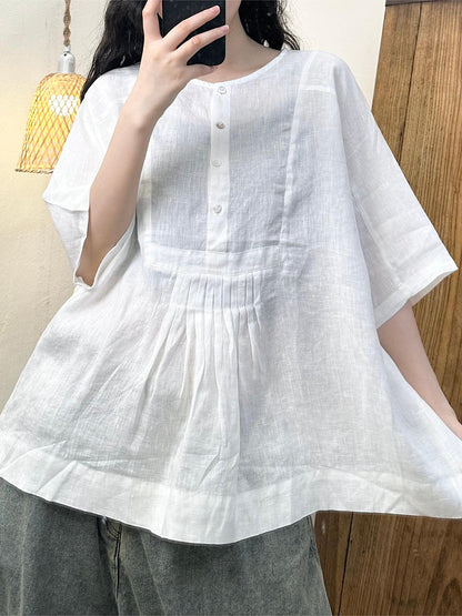 Women Summer Artsy Shirred Button Linen Loose Shirt BN1045