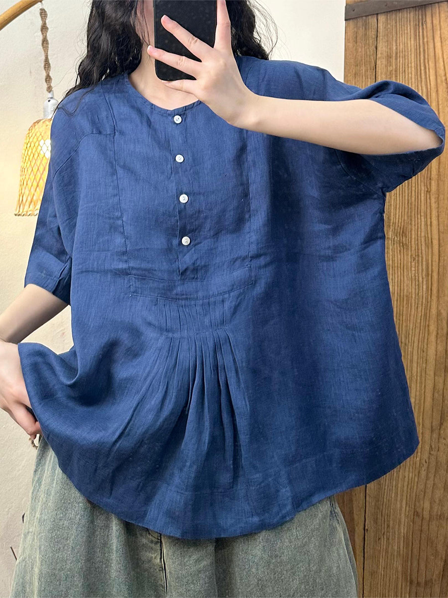 Women Summer Artsy Shirred Button Linen Loose Shirt BN1045