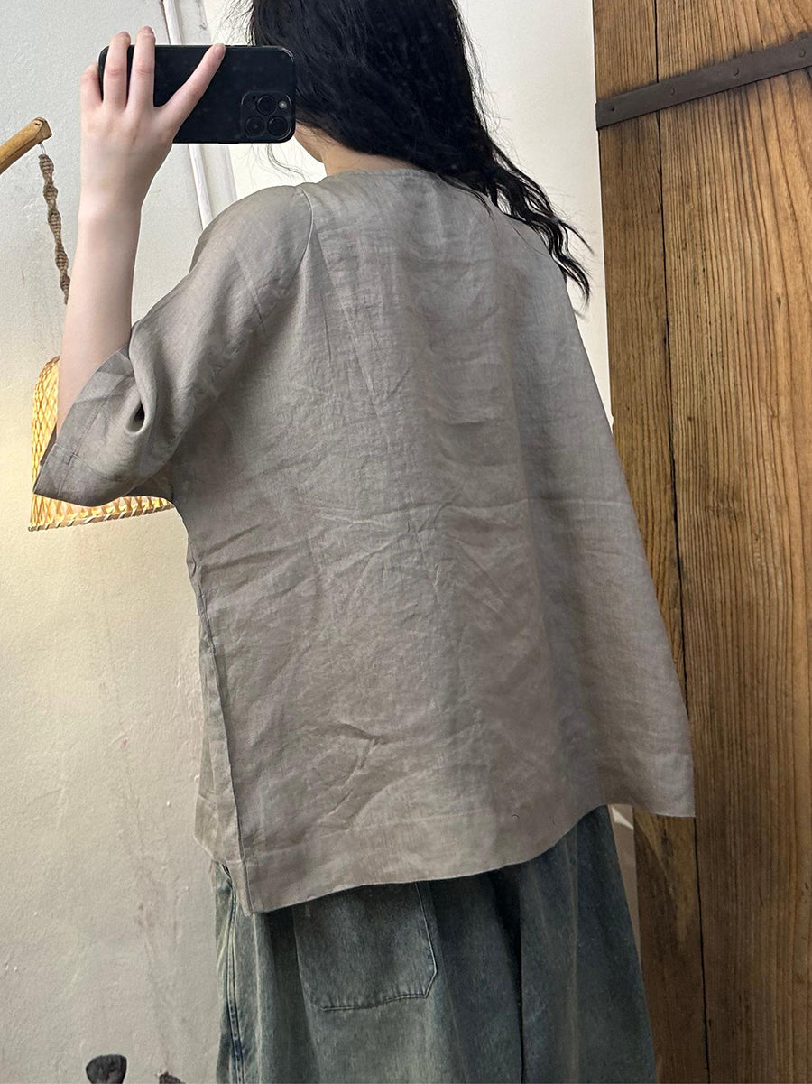 Women Summer Artsy Shirred Button Linen Loose Shirt BN1045