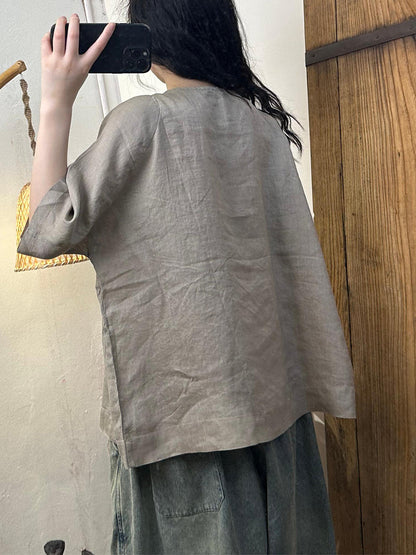 Women Summer Artsy Shirred Button Linen Loose Shirt BN1045
