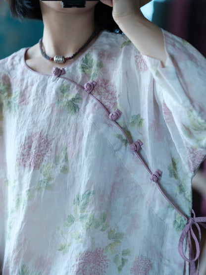 Women Summer Vintage Flower Starp 100%Ramie Shirt RR1005