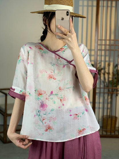 Women Summer Artsy Floral Button Ramie Shirt OO1012